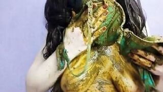 Busty girl shitting in the bra then smearing poop on her sexy ...